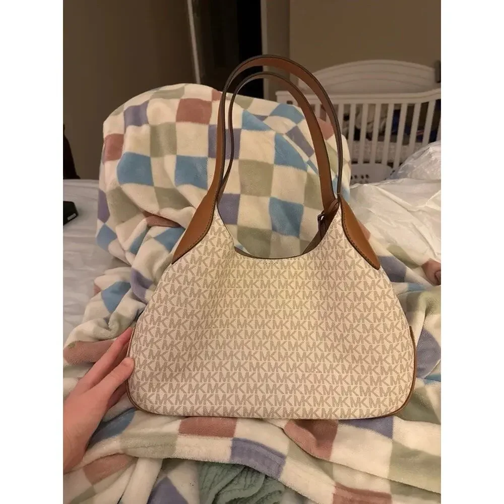 Michael Kors Signature Monogram Large Zip Tote Beige Brown Shoulder Strap Gold